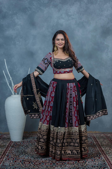 Designer Ajrakh Cotton Chaniya with 14-Meter Flair & Mirror Work
