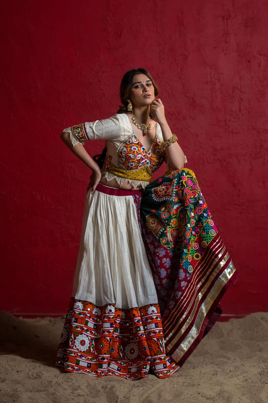 Designer White & Multicolor Ajrakh-Kutchi Cotton Chaniya Set with Lumpy Border, Mukesh Work Blouse & Patola Dupatta