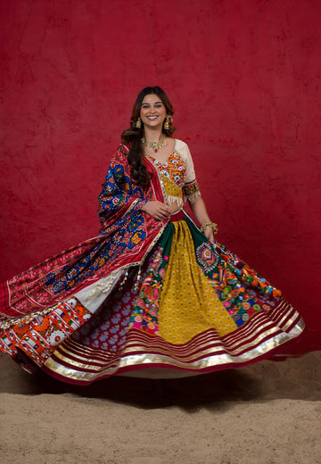 Designer White & Multicolor Ajrakh-Kutchi Cotton Chaniya Set with Lumpy Border, Mukesh Work Blouse & Patola Dupatta