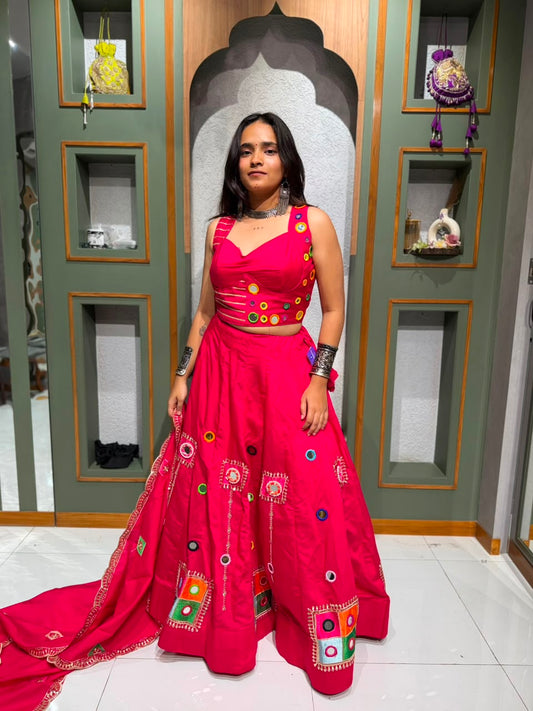 Designer Pink Bombay Silk Chaniya Choli with Mirror & Vintage Work Dupatta