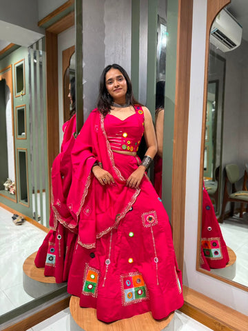 Designer Pink Bombay Silk Chaniya Choli with Mirror & Vintage Work Dupatta