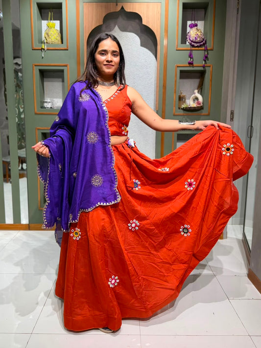 Designer Orange Bombay Silk Chaniya Choli with Mirror & Kodi Work and Purple Vintage Dupatta