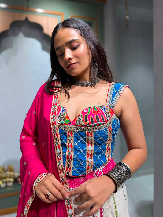Designer White Cotton Half & Half Chaniya with Vintage Patches, Mirror Border, Pink-Blue Corset Blouse & Pink Georgette Dupatta