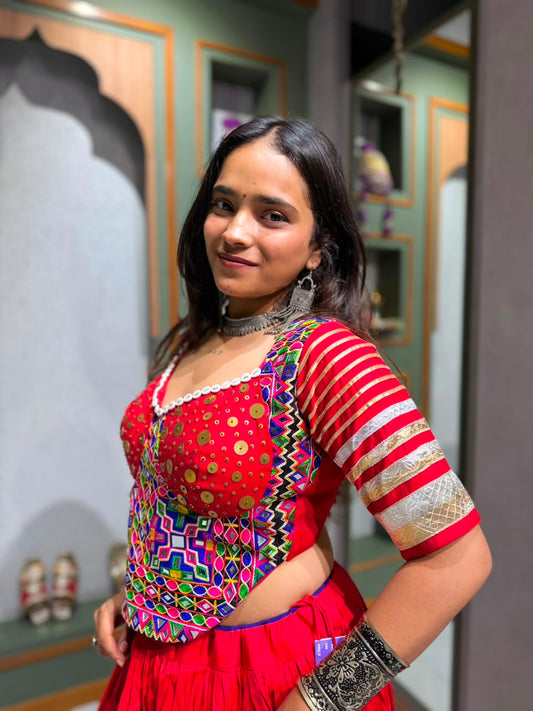 Designer Red Bombay Silk Chaniya Choli with Heavy Kutchi Lumpi Border, Coin Work Corset Blouse & Red Patola Print Dupatta