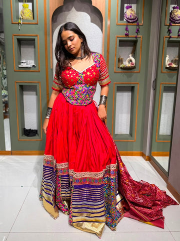 Designer Red Bombay Silk Chaniya Choli with Heavy Kutchi Lumpi Border, Coin Work Corset Blouse & Red Patola Print Dupatta