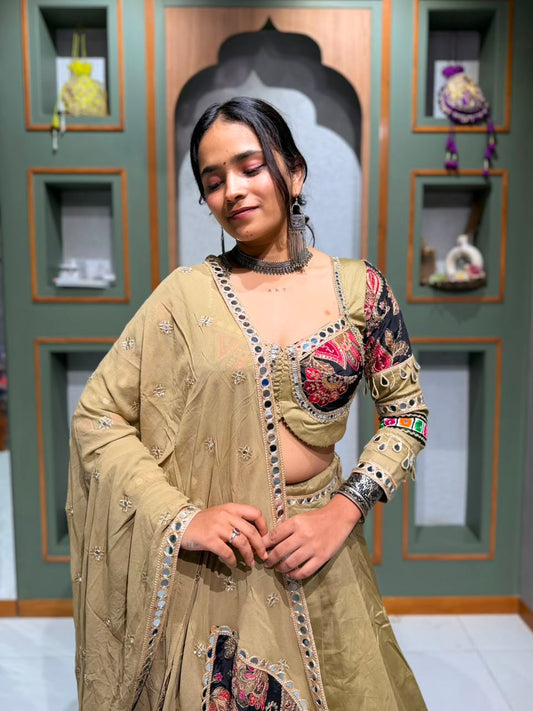 Designer Dark Beige Jam Silk Chaniya Choli with Mirror Border, Vintage Mirror Work Blouse & Georgette Dupatta