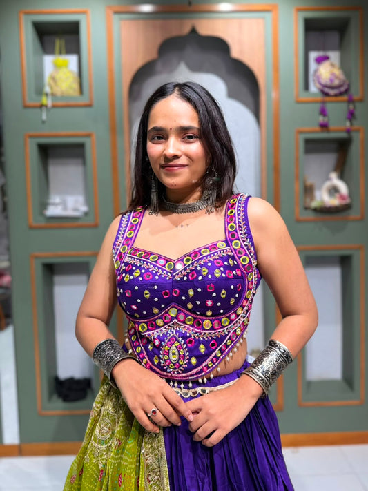Designer Purple Jam Cotton Chaniya Choli with Vintage Mirror Border, Handwork Blouse & Parrot Green Bandhani Georgette Dupatta