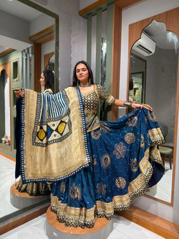Designer Blue Banarasi Dola Silk Chaniya Set with Ajrakh Kediya Blouse & Heavy Mirror Work