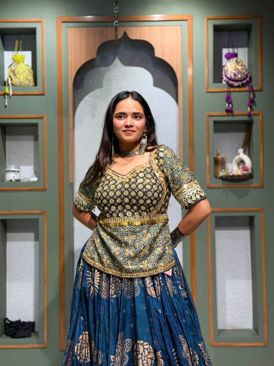 Designer Blue Banarasi Dola Silk Chaniya Set with Ajrakh Kediya Blouse & Heavy Mirror Work