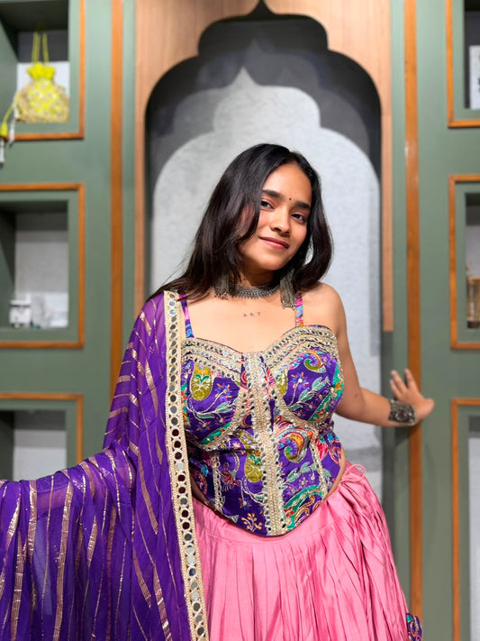 Designer Purple Vintage Corset Blouse with Pink Bombay Silk Chaniya & Mirror Border Dupatta