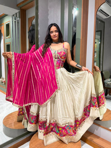 Designer Pink Corset Blouse with Ivory Bombay Silk Chaniya & Mirror Work Dupatta
