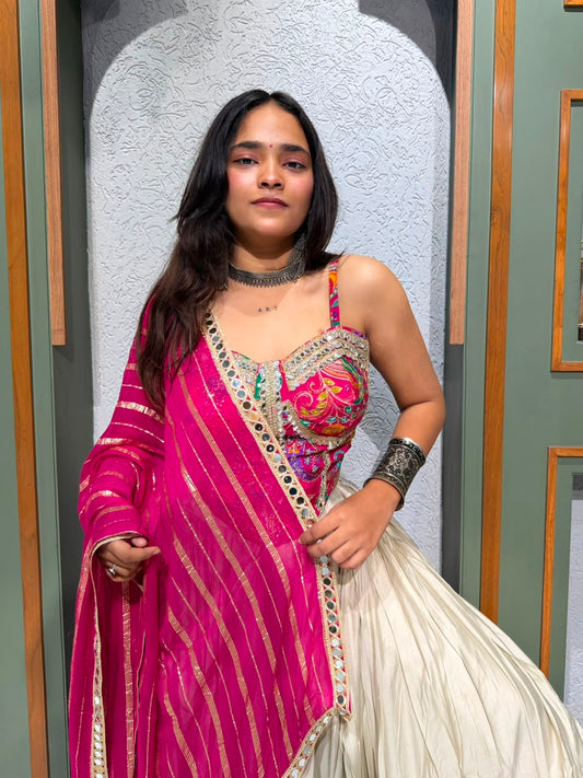 Designer Pink Corset Blouse with Ivory Bombay Silk Chaniya & Mirror Work Dupatta