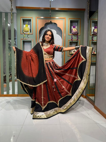 Designer Pure Jam Silk Chaniya Choli with Original Lampi Border, Kutchi Kodi Coin Work Blouse & Georgette   Dupatta