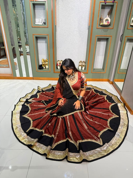 Designer Pure Jam Silk Chaniya Choli with Original Lampi Border, Kutchi Kodi Coin Work Blouse & Georgette   Dupatta