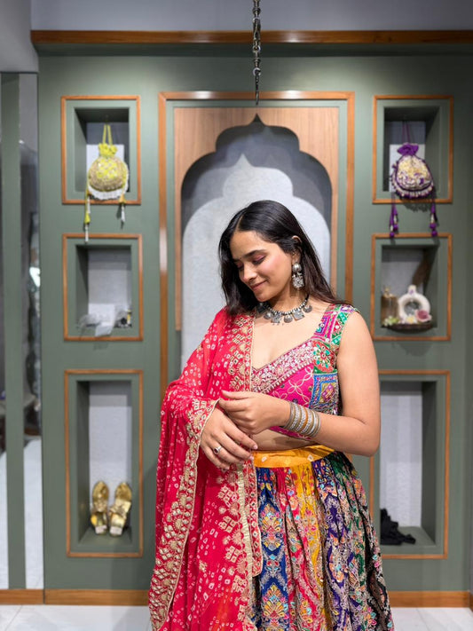 Designer Multi-Color Vintage Silk Chaniya Choli with Cotton Vintage Blouse & Georgette Tikki Mirror Work Dupatta