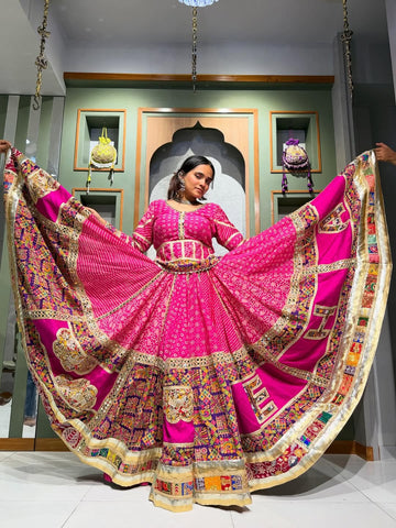 Designer Pink Cotton Chaniya Set with Vintage Kutchi Mirror Work & Ombre Dupatta