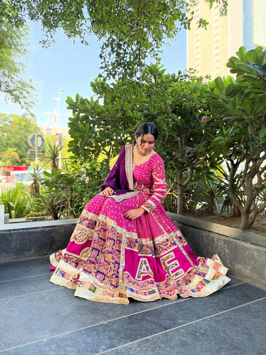 Designer Pink Cotton Chaniya Set with Vintage Kutchi Mirror Work & Ombre Dupatta