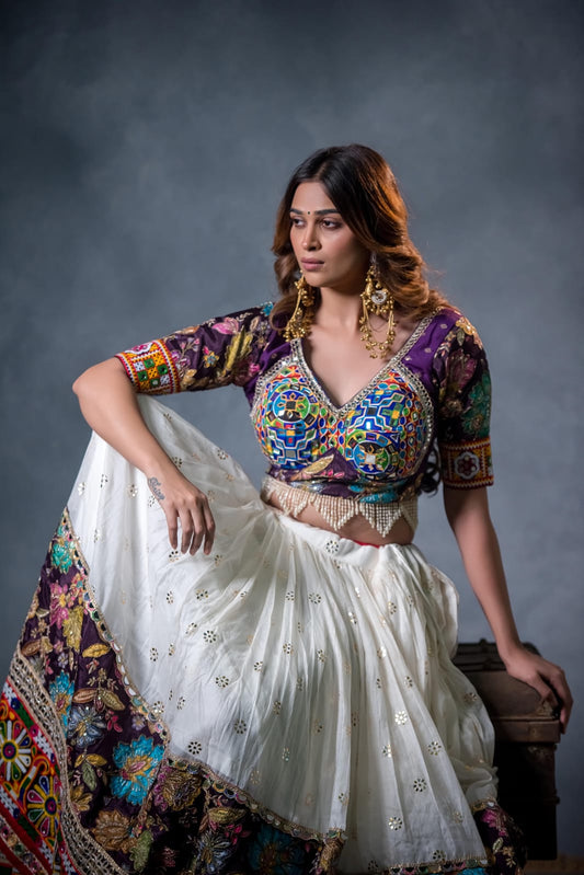 Designer White & Purple Chaniya Choli with Vintage Kutchi Mirror Work & Tassel Dupatta
