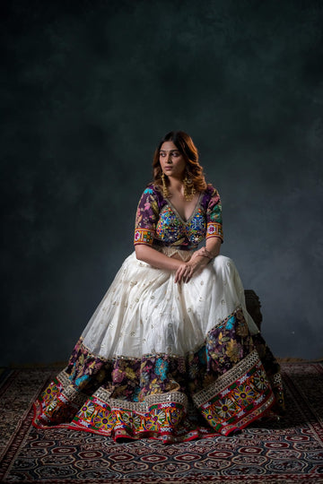 Designer White & Purple Chaniya Choli with Vintage Kutchi Mirror Work & Tassel Dupatta