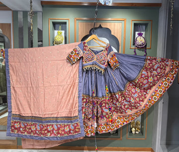 Designer Grey & Rust Bombay Silk Chaniya Choli with Kutchi, Vintage & Mirror Handwork