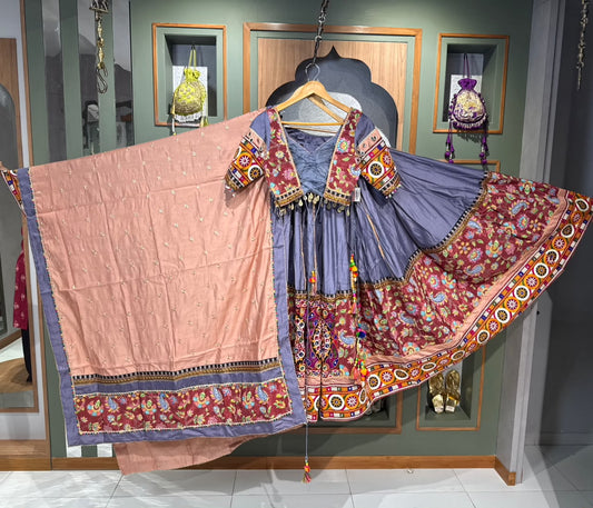 Designer Grey & Rust Bombay Silk Chaniya Choli with Kutchi, Vintage & Mirror Handwork