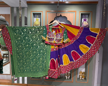 Designer Multicolor Bombay Silk Chaniya Set with Kutchi Work, Kodi Coin Blouse & Green Georgette Dupatta