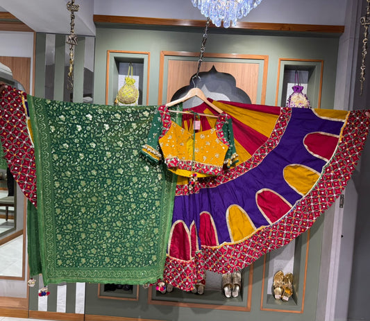 Designer Multicolor Bombay Silk Chaniya Set with Kutchi Work, Kodi Coin Blouse & Green Georgette Dupatta