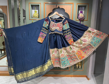 Designer Navy Blue Bombay Silk Bandhani Chaniya Set with Vintage & Mirror Work