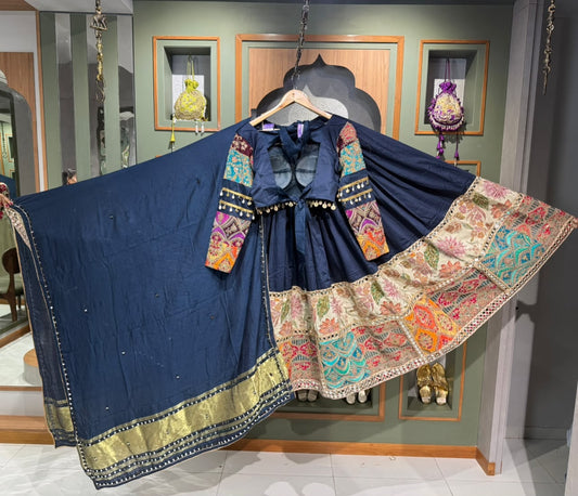 Designer Navy Blue Bombay Silk Bandhani Chaniya Set with Vintage & Mirror Work