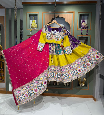 Designer Mustard Yellow Bombay Silk Chaniya Choli with Kachhi & Mirror Work
