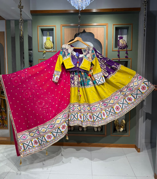Designer Mustard Yellow Bombay Silk Chaniya Choli with Kachhi & Mirror Work