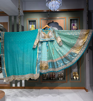 Designer Sky Blue Banarasi Silk Chaniya Set with Handwork Border & Tikki Work Blouse