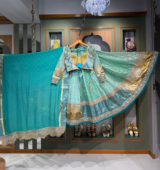 Designer Sky Blue Banarasi Silk Chaniya Set with Handwork Border & Tikki Work Blouse