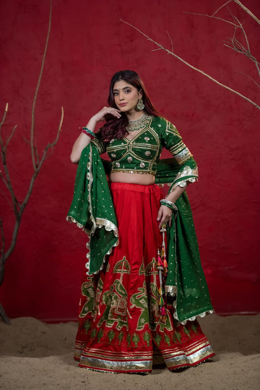 Designer Red Bombay Silk Chaniya Set with Green Elephant Patch Work & Aangi Blouse