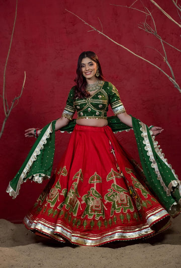Designer Red Bombay Silk Chaniya Set with Green Elephant Patch Work & Aangi Blouse