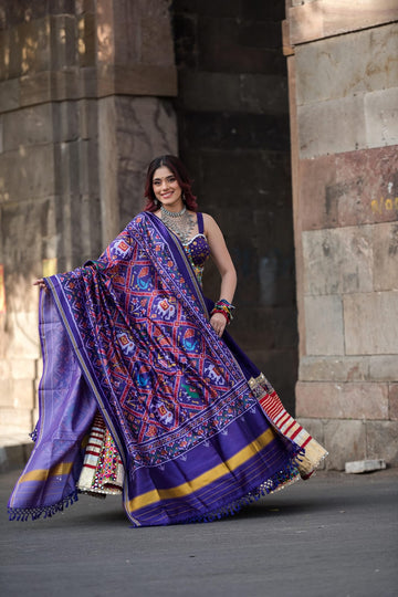 Designer Purple Bombay Silk Chaniya Set with Heavy Kutchi & Lampi Work, Corset Blouse & Patola Dupatta