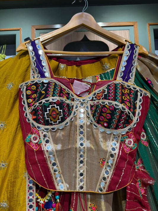 Designer Multi-Fabric Corset Chaniya Set with Kutchi Mirror Work & Patchwork Dupatta