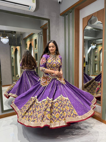 Designer Purple Chaniya Choli with Vintage Kutchi Mirror & Kodi Coin Work