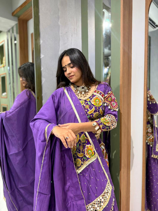 Designer Purple Chaniya Choli with Vintage Kutchi Mirror & Kodi Coin Work