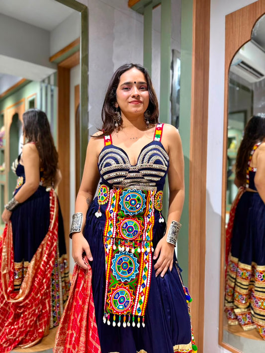 Designer Navy Blue Kutchi Chaniya Set with Lumpy Border, Mirror Work & Banarasi Dupatta