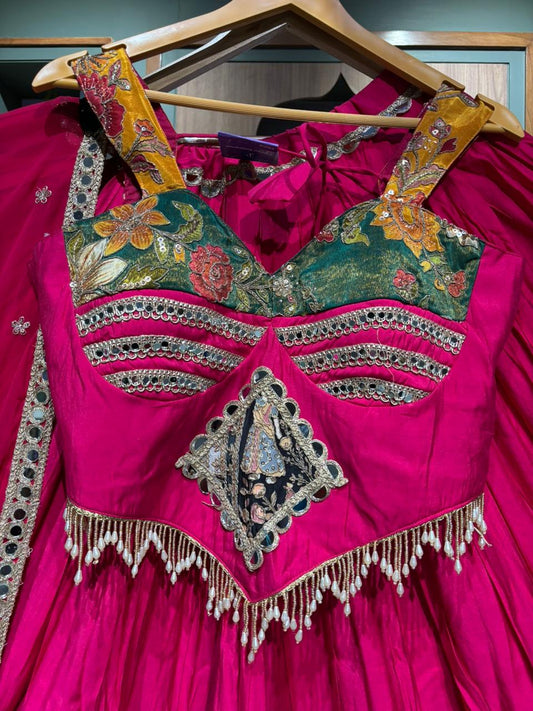 Designer Vintage Mirror Work Chaniya Choli with Long Corset Blouse & Georgette Dupatta