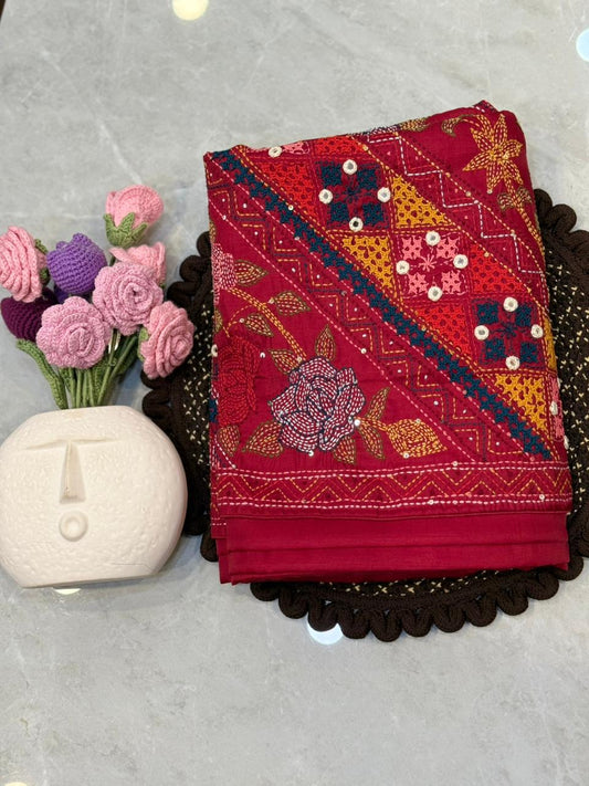 Designer Semi Tussar Silk Saree with Katha & Parsi Work