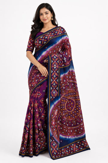 Designer Blue Pure Tussar Silk Saree with Tie-Dye, Kutchi & Mirror Handwork
