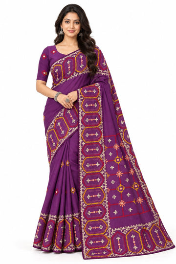 Designer Pure Tussar Silk Saree with Traditional Kutchi & Mirror Handwork