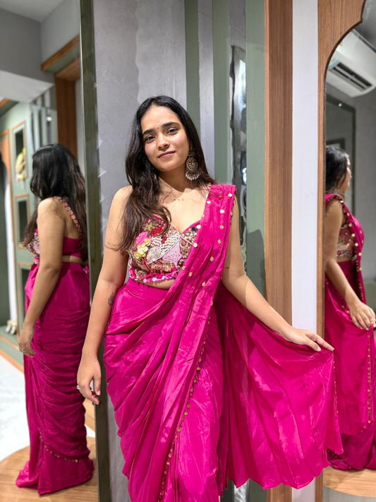 Designer Pink Drape Saree with Fusion Handwork Blouse