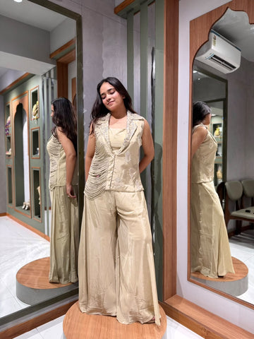 Designer Beige Crepe Silk Palazzo Set with Embroidered Blouse & Reversible Patchwork Jacket