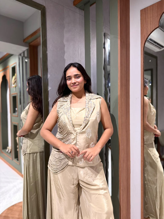 Designer Beige Crepe Silk Palazzo Set with Embroidered Blouse & Reversible Patchwork Jacket