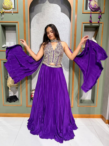 Designer Crepe Silk Corset Blouse with Mirror Work & Halter Neck Chaniya Set with Choker Dupatta