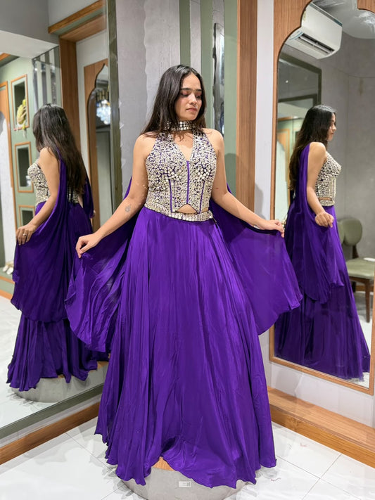 Designer Crepe Silk Corset Blouse with Mirror Work & Halter Neck Chaniya Set with Choker Dupatta