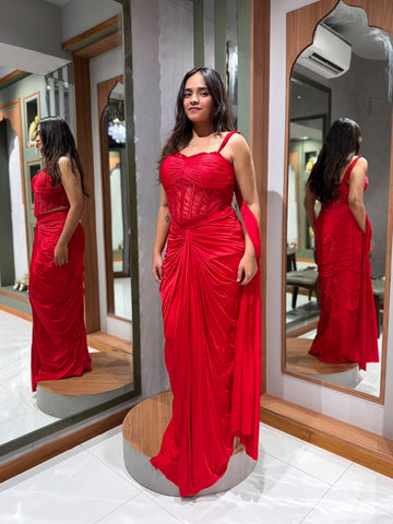 Designer Red Imported Silk Corset Blouse with Beads Work & Drape Skirt Set with Attached Dupatta